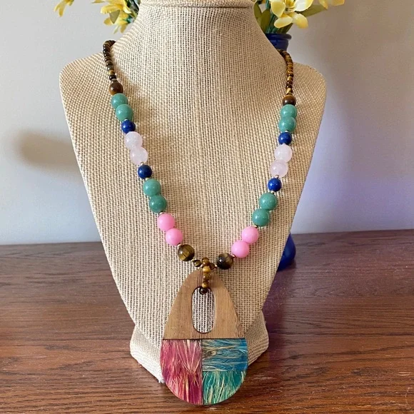 Lee Sands Multi Stone Bead Necklace with Wooden Pendant - Picture 1 of 6